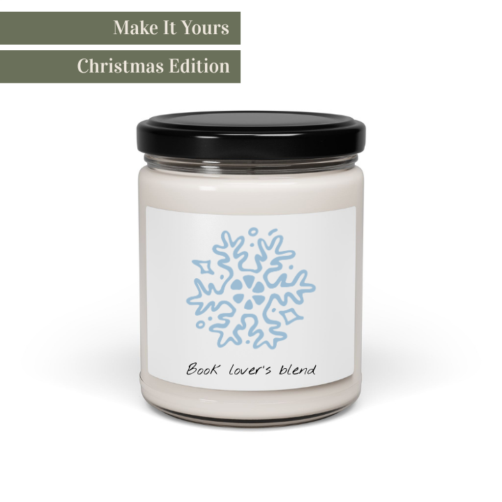 Candle jar with a snowflake design label on a white background