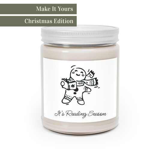 Candle jar with a gingerbread man design and text on a white background