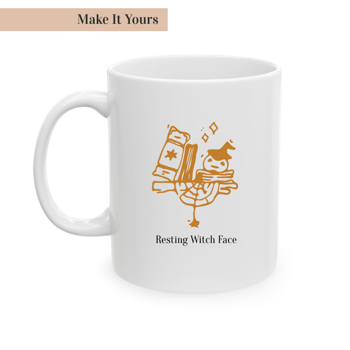 White mug with orange graphic and text 'Resting Witch Face' on a white background