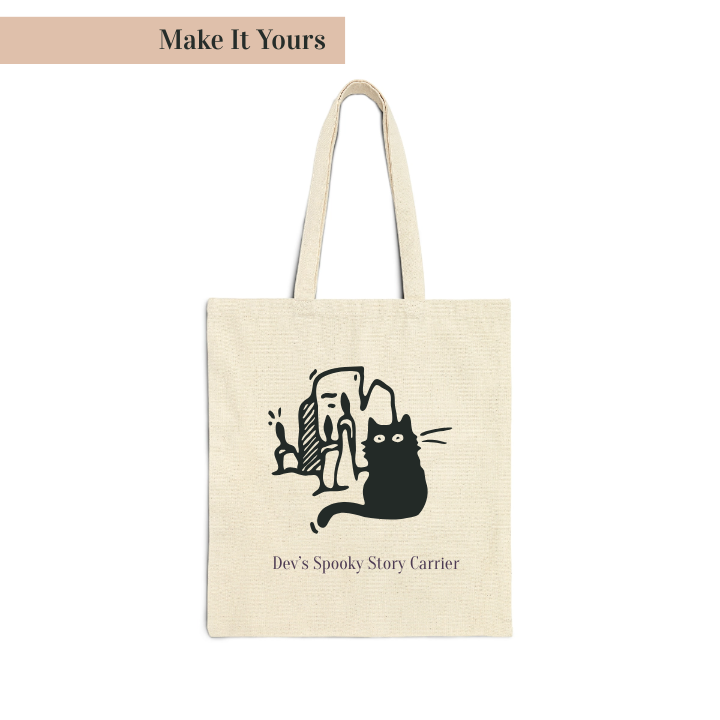 Tote bag with a black cat design and text on a white background