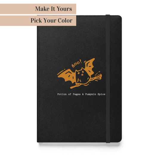 Black notebook with orange design and text on a white background