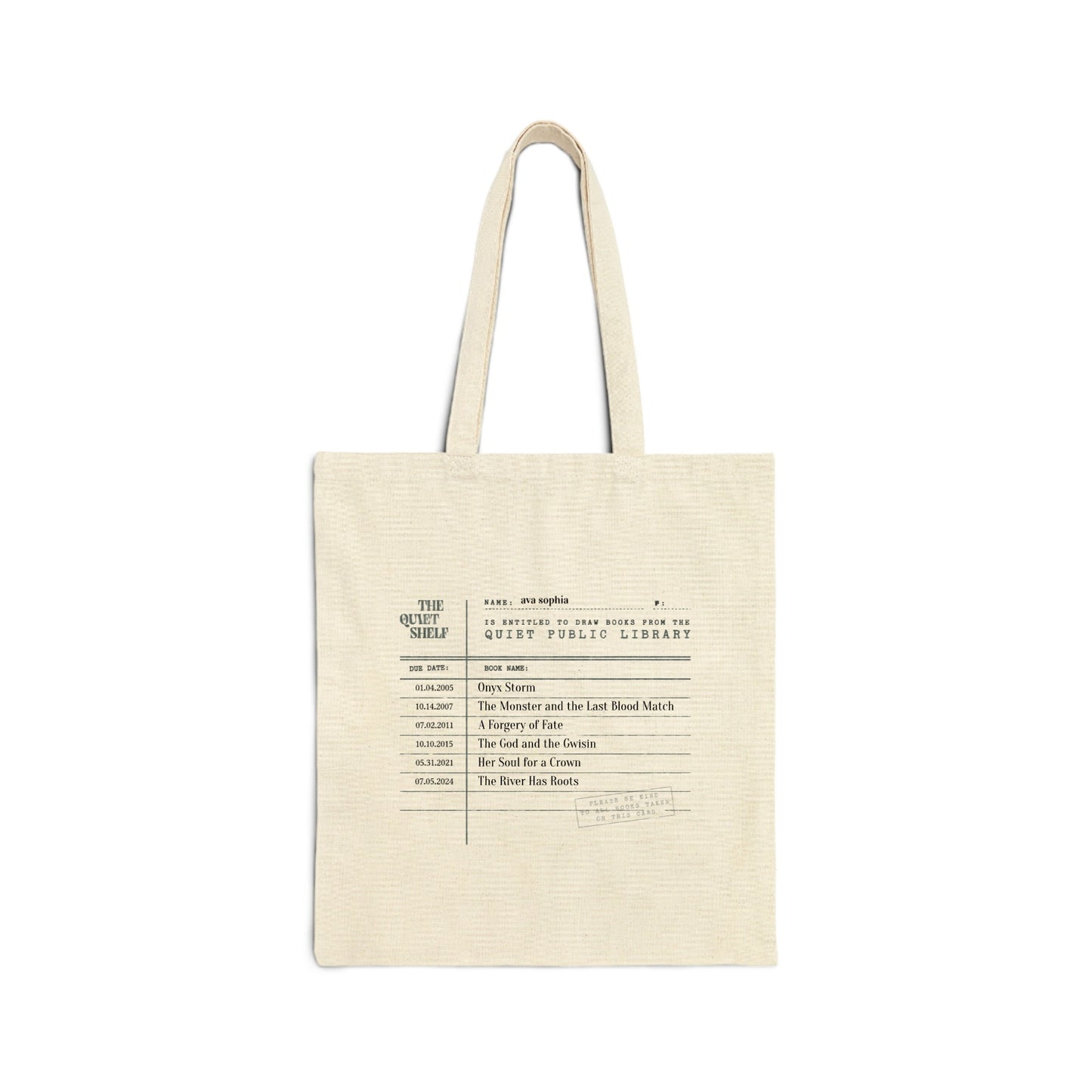 Beige tote bag with printed text on a white background