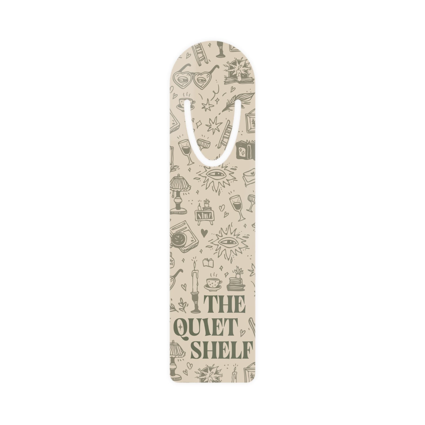 Bookmark with 'The Quiet Shelf' text and illustrations on a white background