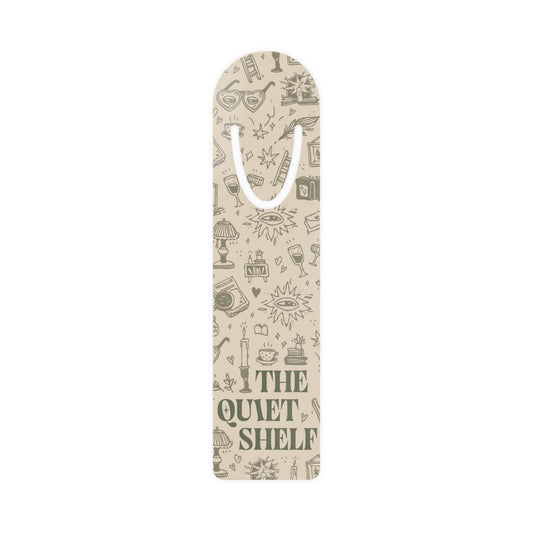 Bookmark with 'The Quiet Shelf' text and illustrations on a white background