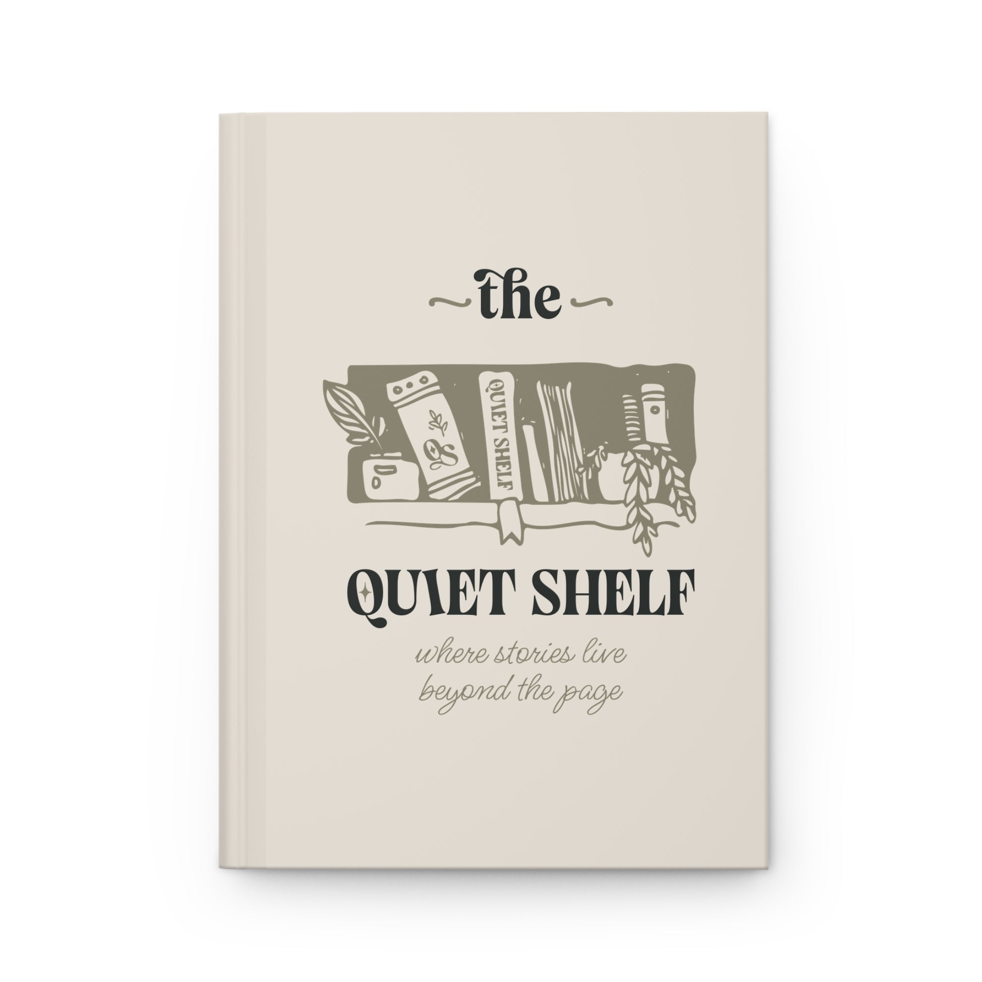 A matte hardcover journal with a beige background featuring a minimalist design of a shelf with books and 'The Quiet Shelf' logo printed on it.