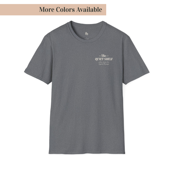Gray t-shirt with white text on a white background