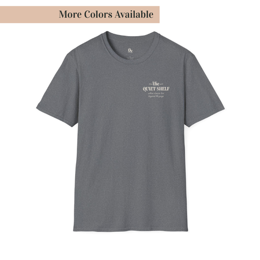 Gray t-shirt with white text on a white background