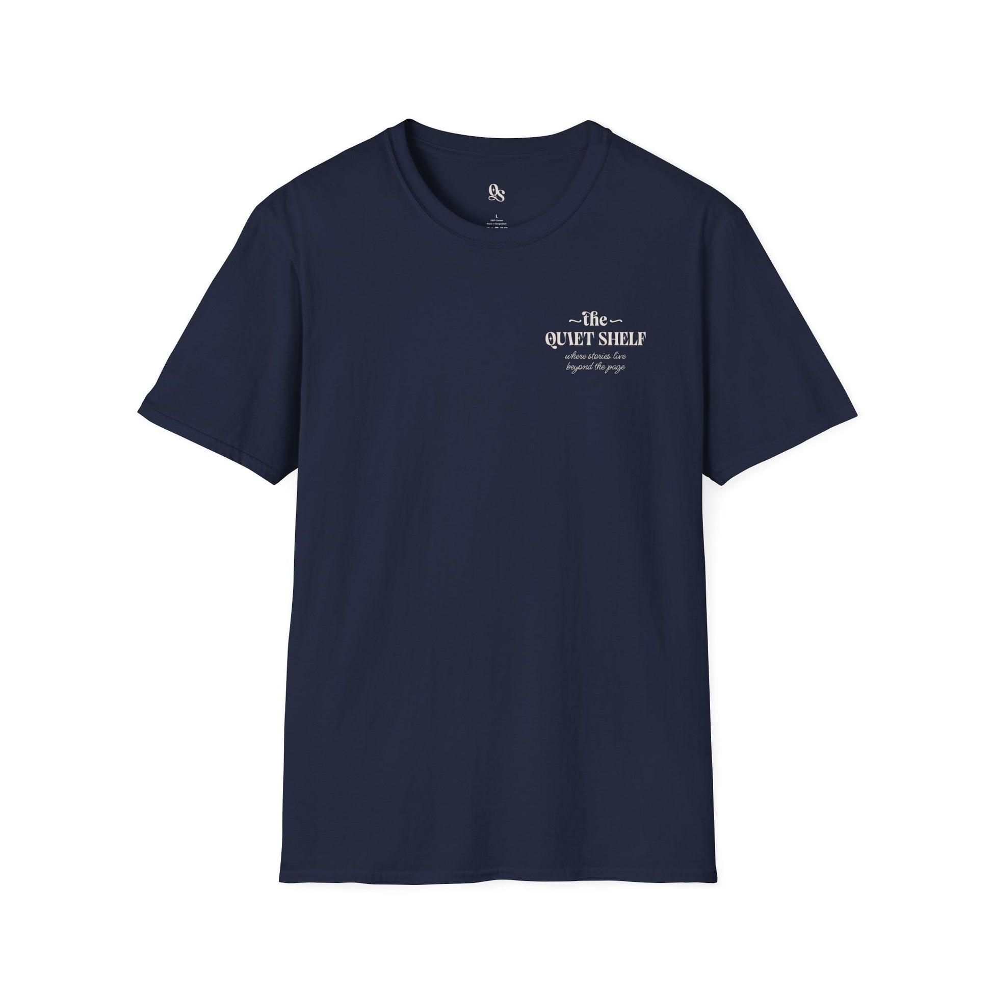 A navy blue t-shirt with 'The Quiet Shelf' logo printed on the front.