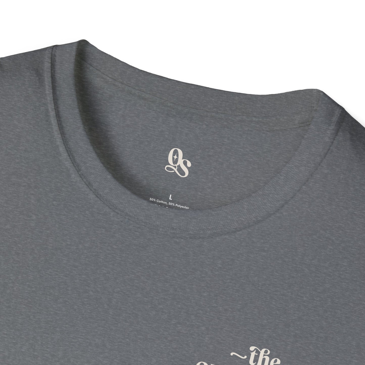 Gray t-shirt with a logo on the collar and text on the chest against a white background