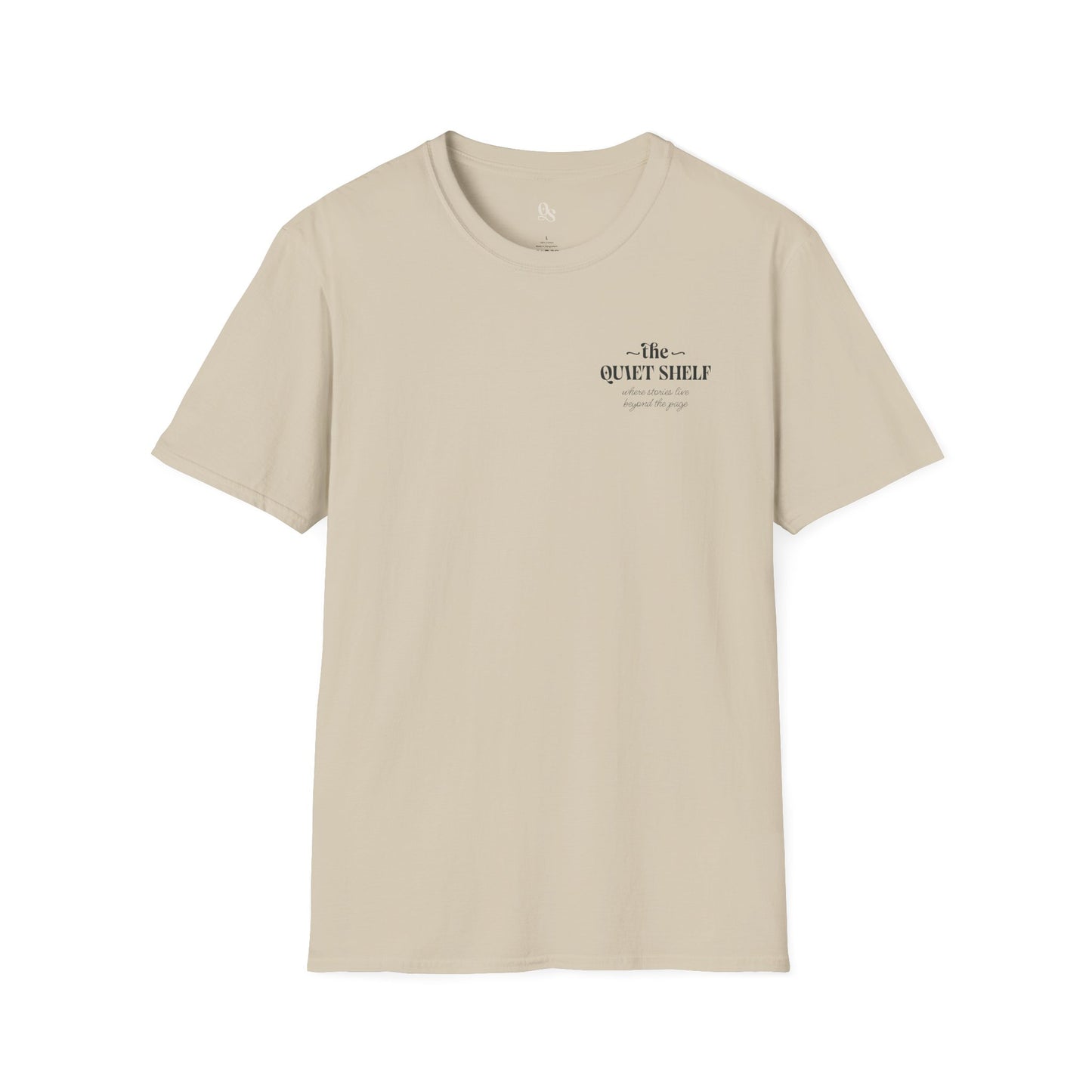 A beige t-shirt with 'The Quiet Shelf' logo printed on the front.