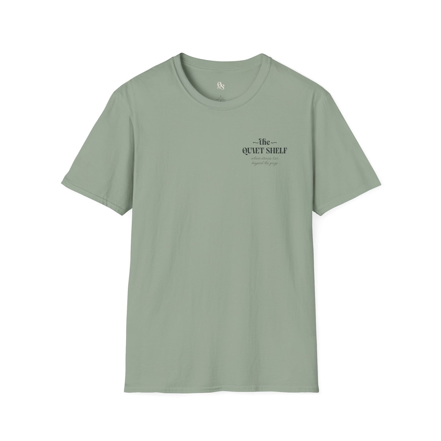 A green t-shirt with 'The Quiet Shelf' logo printed on the front.