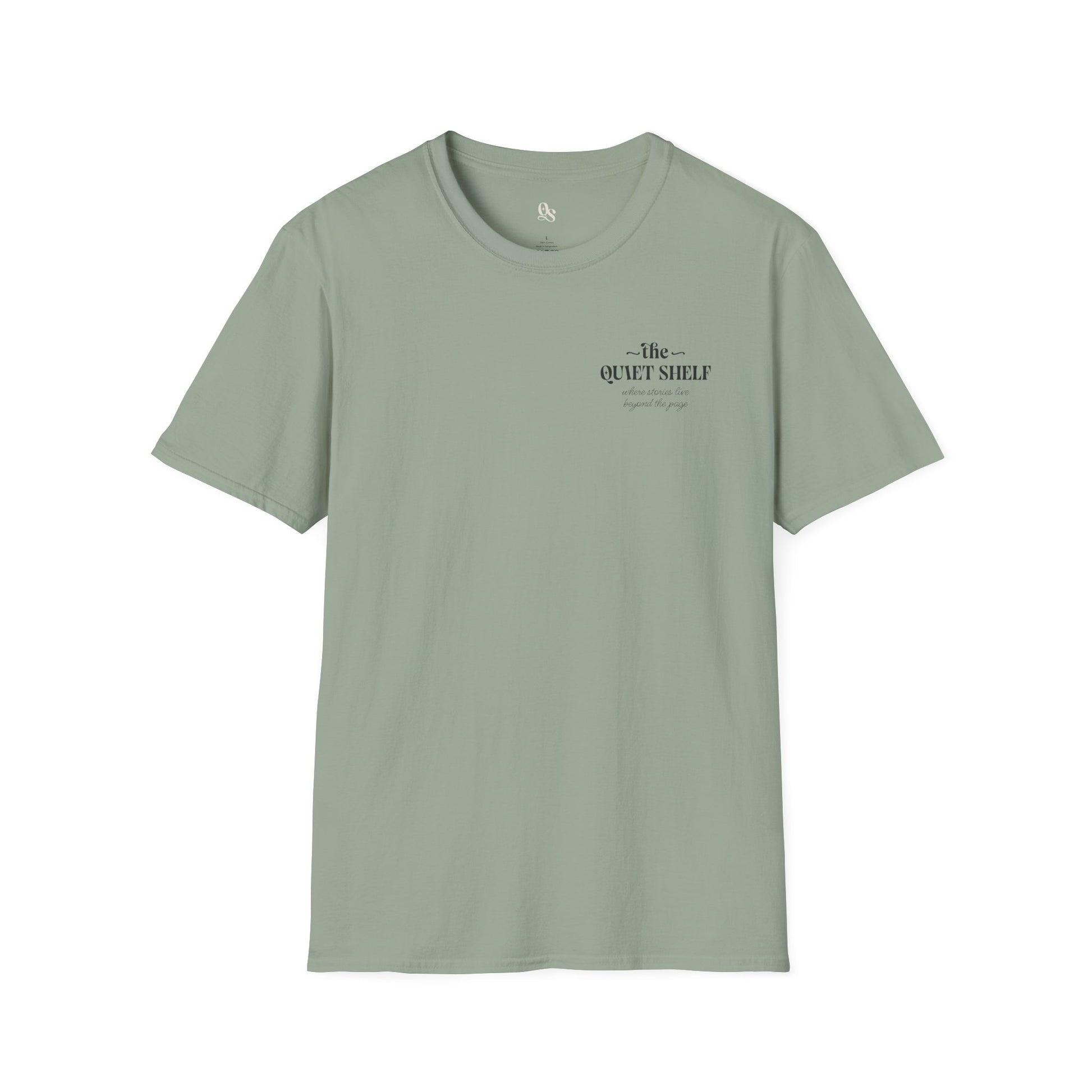 A green t-shirt with 'The Quiet Shelf' logo printed on the front.