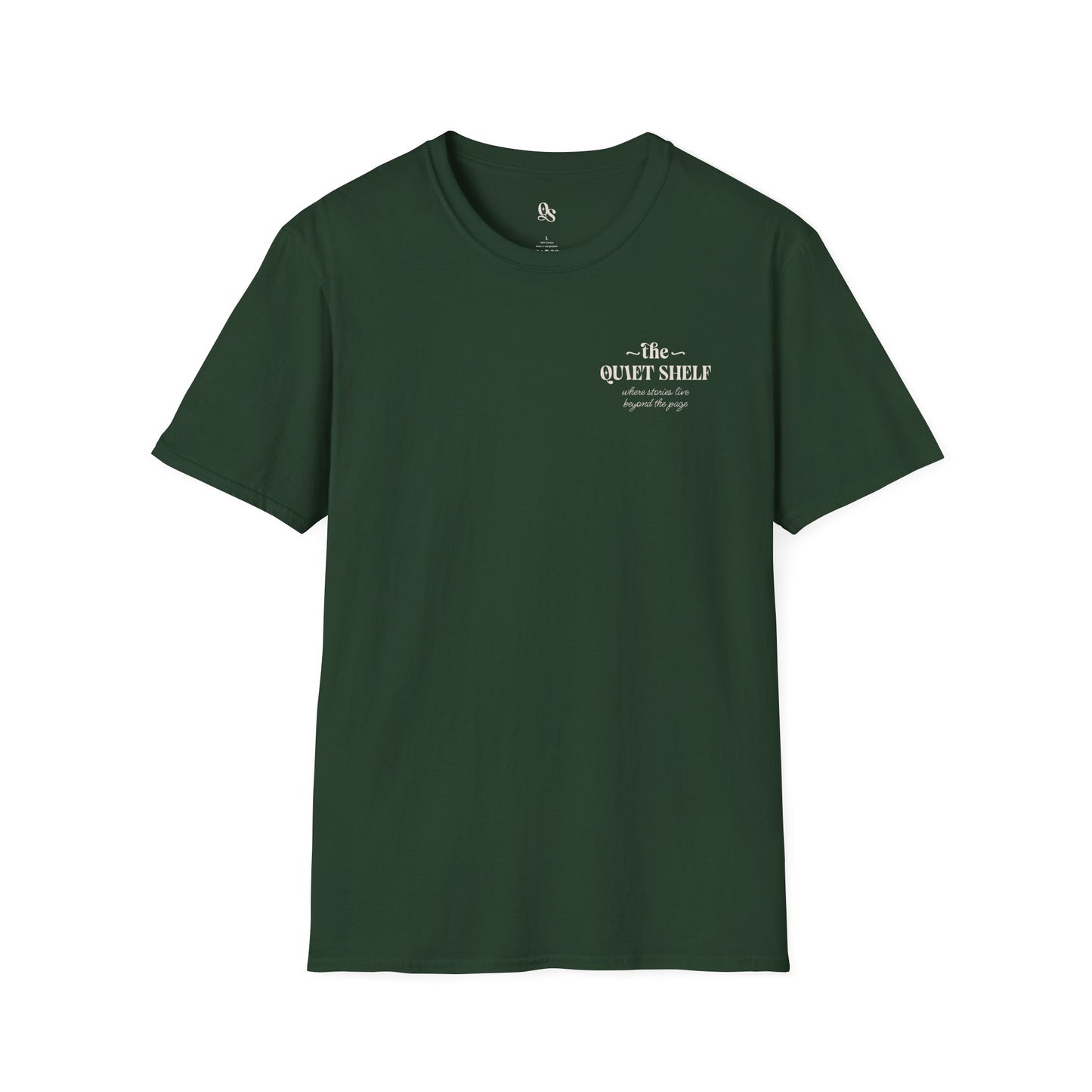 A green t-shirt with 'The Quiet Shelf' logo printed on the front.