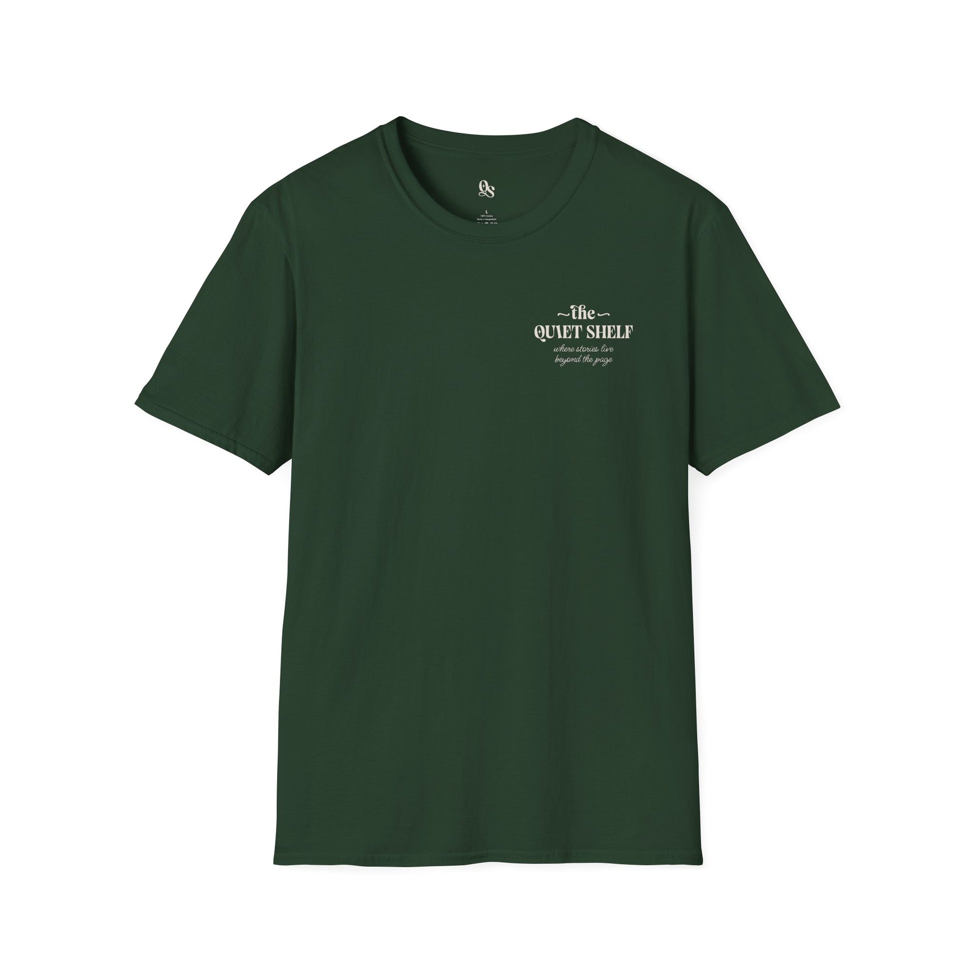 A green t-shirt with 'The Quiet Shelf' logo printed on the front.