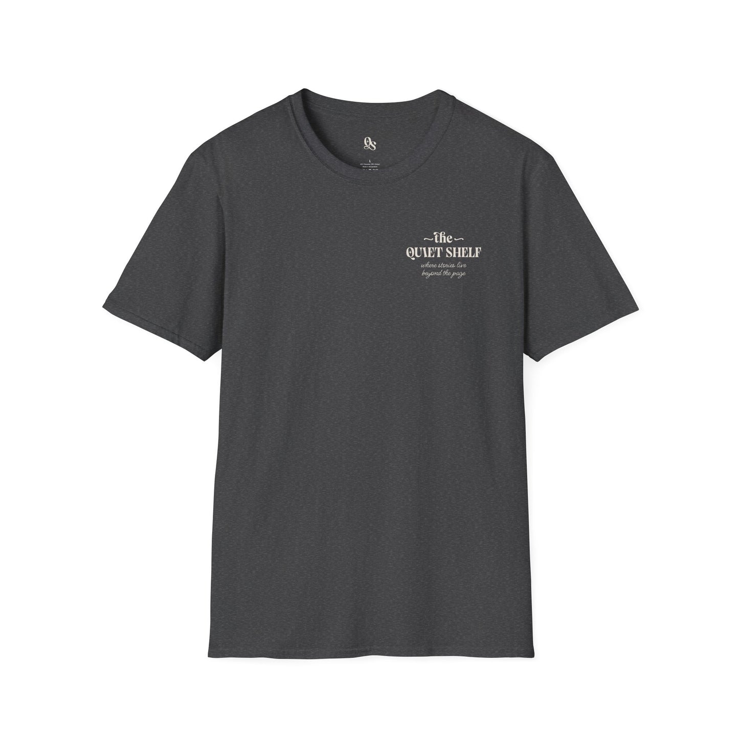 A t-shirt with 'The Quiet Shelf' logo printed on the front.