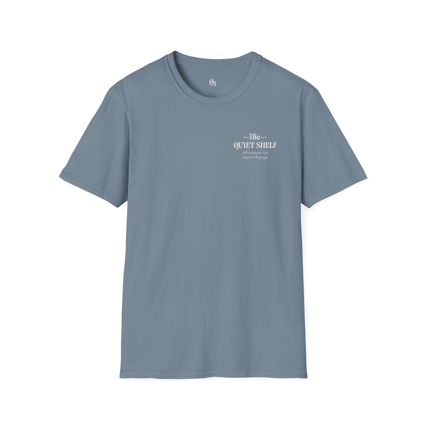 A blue t-shirt with 'The Quiet Shelf' logo printed on the front.