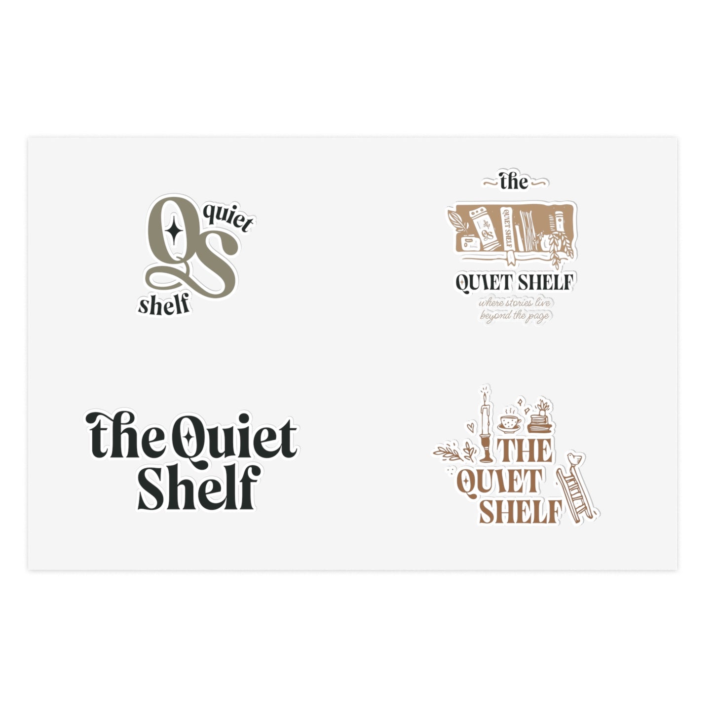 Four vinyl stickers with different designs, each featuring The Quiet Shelf's branding in elegant script and minimalist style.