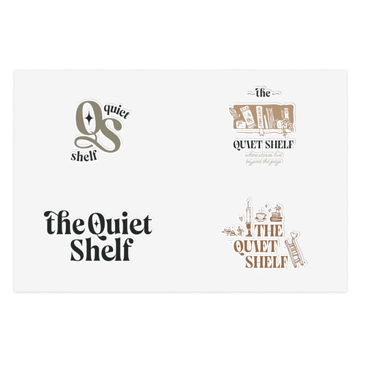 Four vinyl stickers with different designs, each featuring The Quiet Shelf's branding in elegant script and minimalist style.