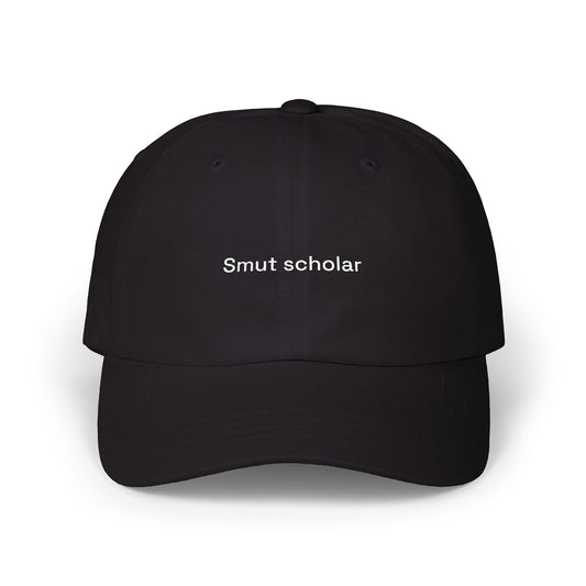 Black cap with 'Smut scholar' text on a white background