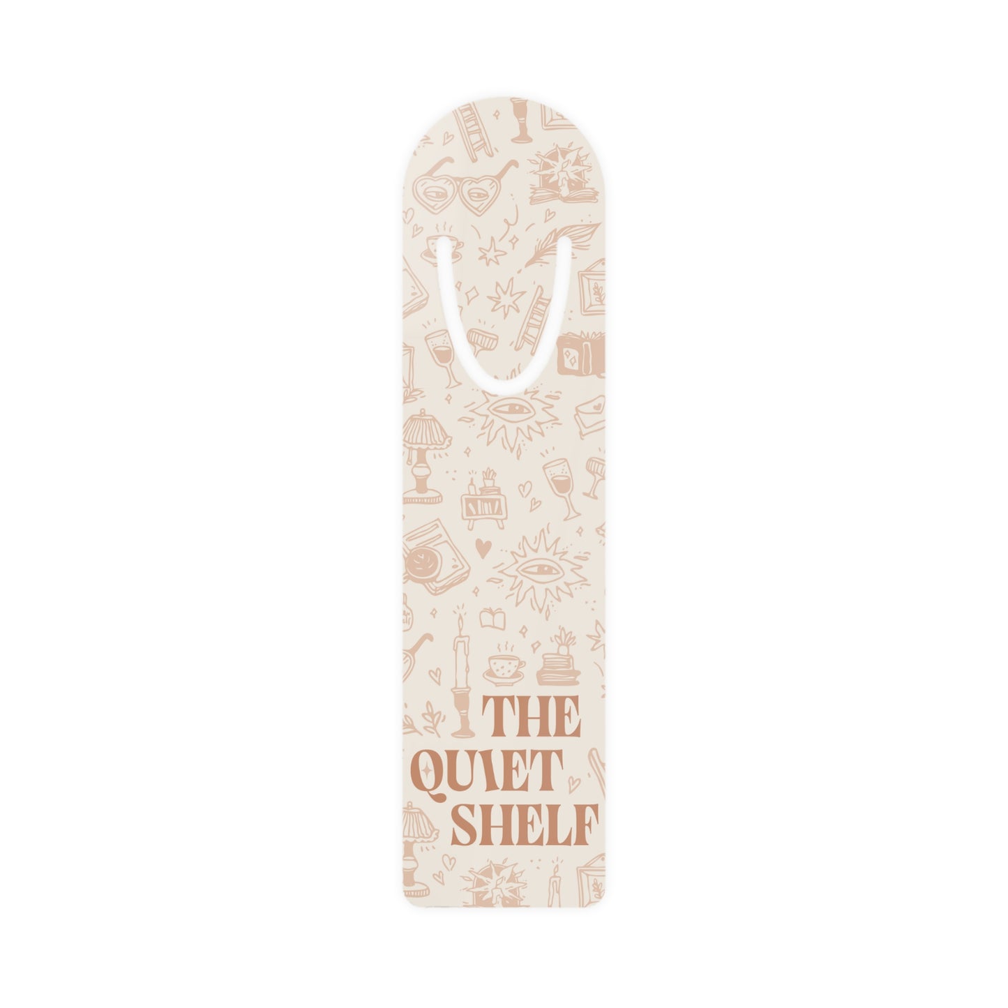 Decorative bookmark with 'The Quiet Shelf' text on a white background