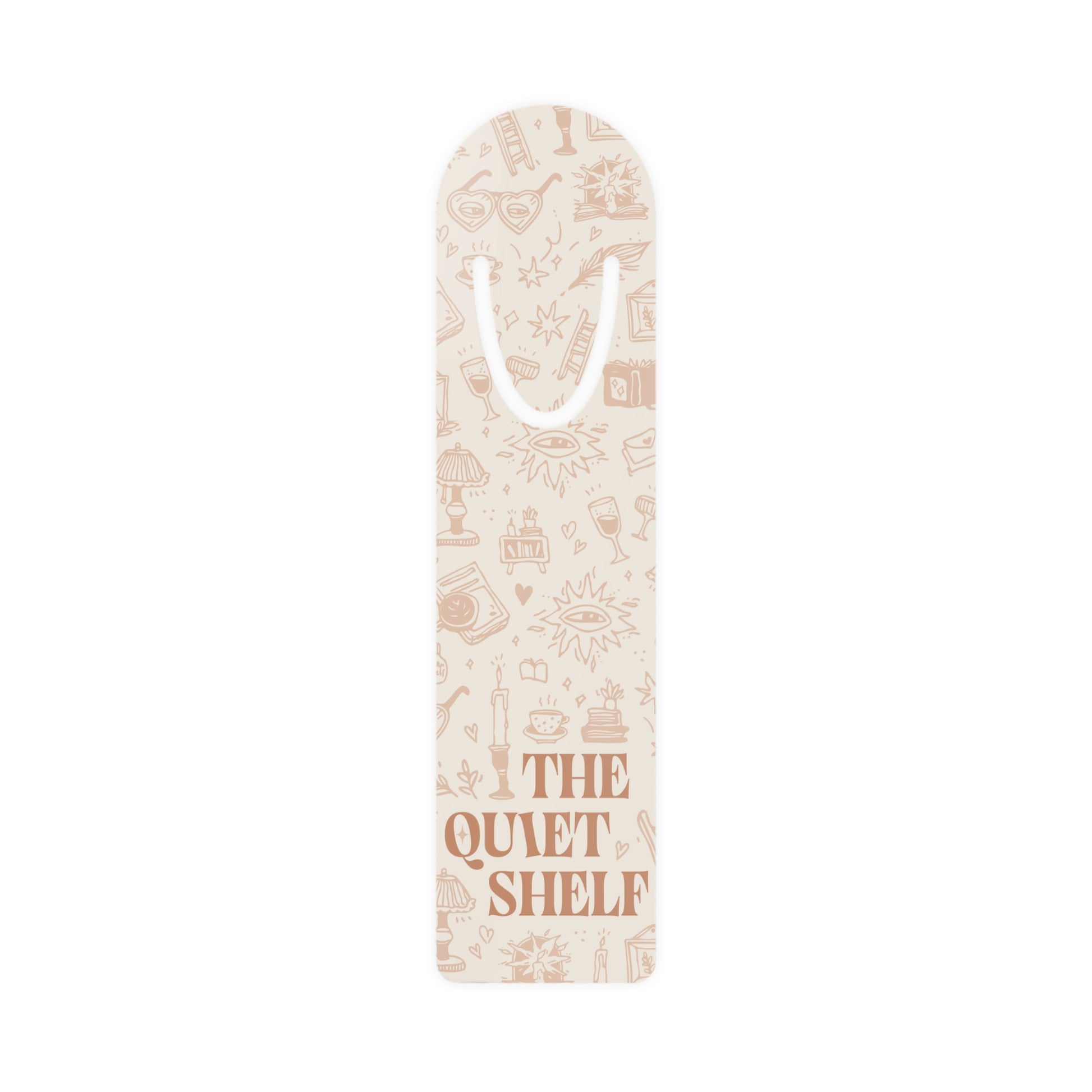 Decorative bookmark with 'The Quiet Shelf' text on a white background